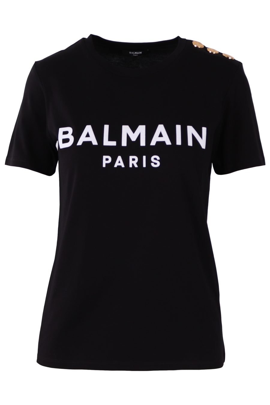 Balmain T-shirt preta com botões e logótipo em veludo - 22512a9efa0b6752908b420c8b47c50d01a3f65b