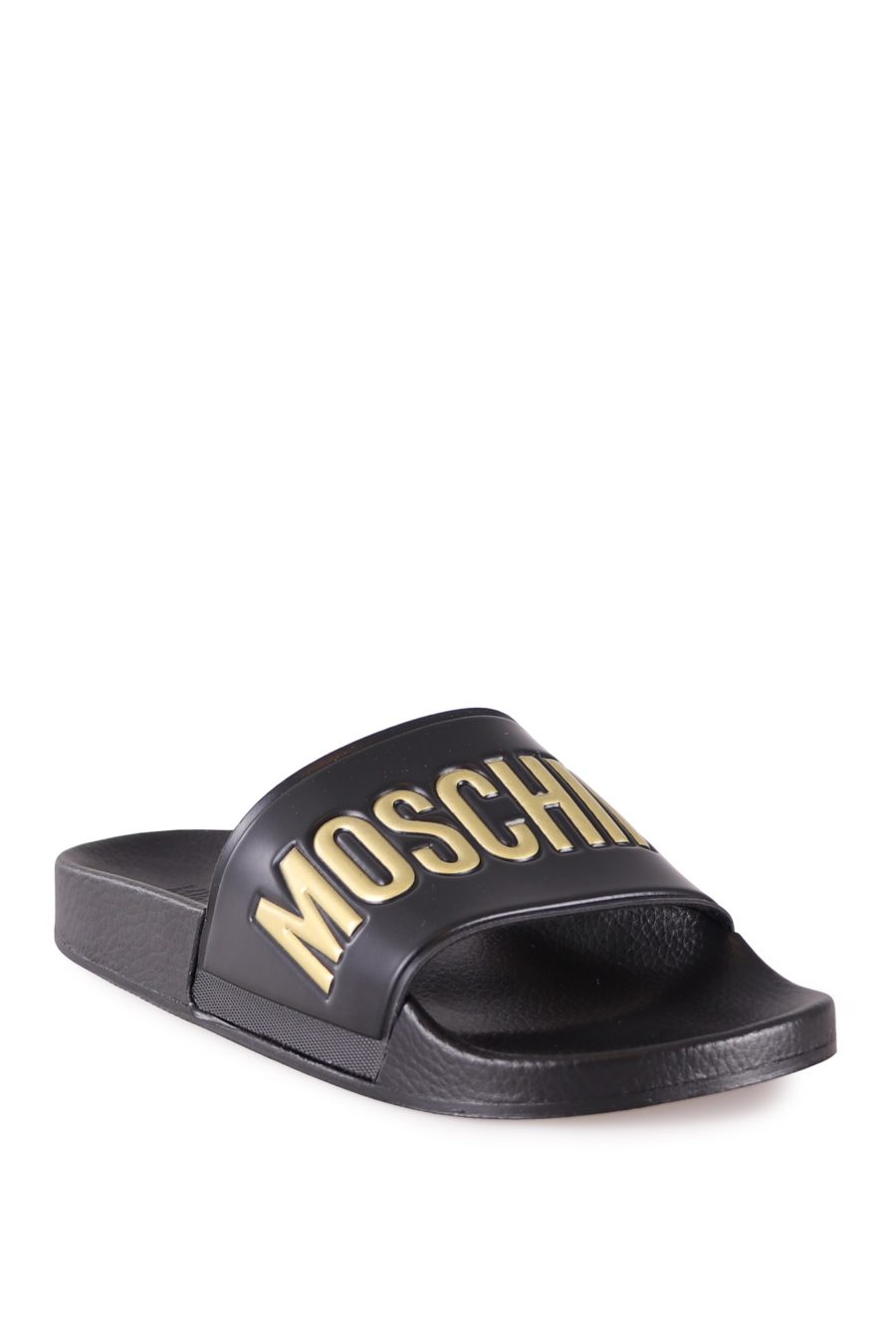 Moschino Couture tongs noires avec logo doré - e30f15fc3b69f955d5371aa614193e3cb53504a8