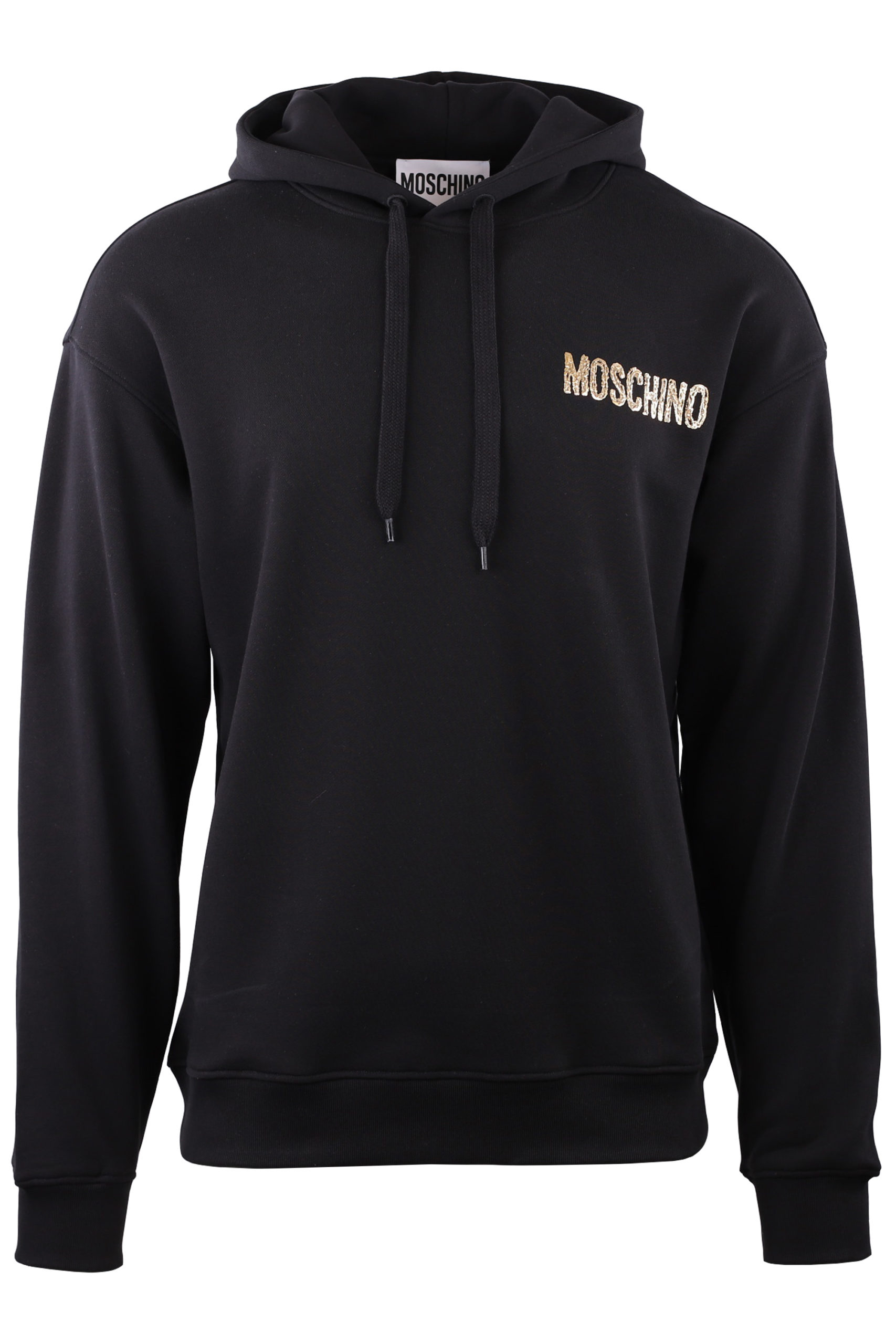 Moschino - Sudadera negra con capucha y logo en franja blanco - BLS Fashion