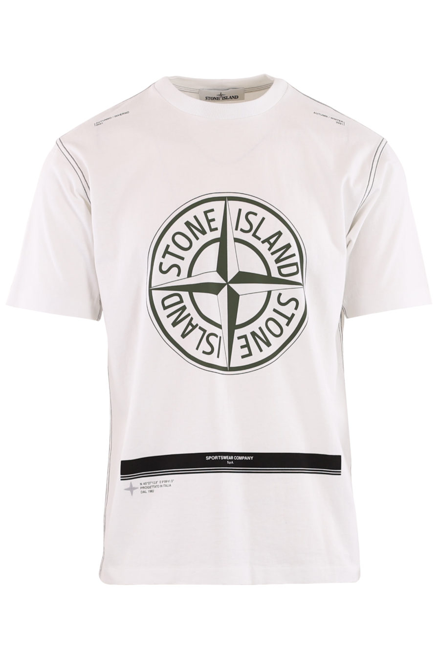 Camiseta blanca con logo estampado grande y rayas verdes - 8cfa76586706993a5d33a764d98fd7639bcb6edb