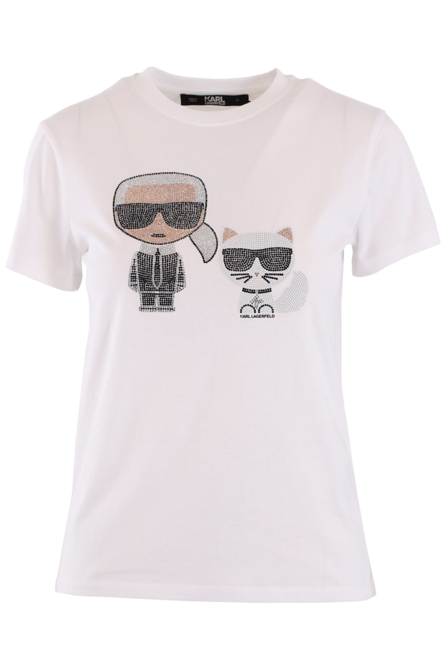 Camiseta blanca con logo "ikonik karl y choupette" en strass - IMG 8972