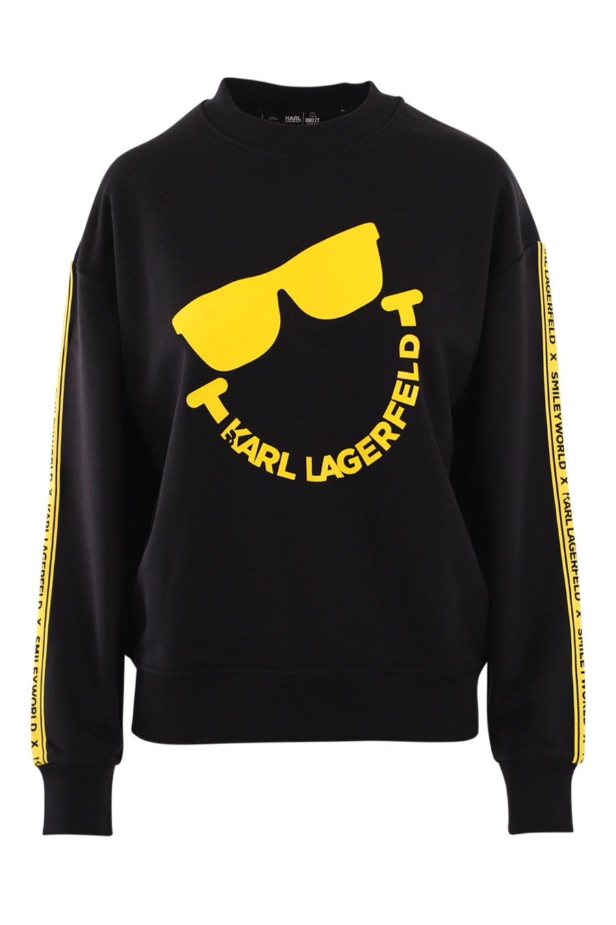 Schwarzes Unisex-Sweatshirt mit gelbem Bandlogo und "Smiley" - IMG 0886