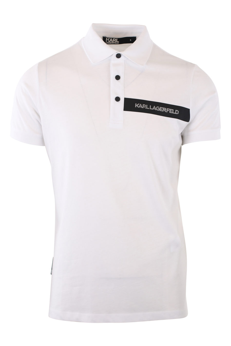 White polo shirt with black logo and buttons - IMG 2092