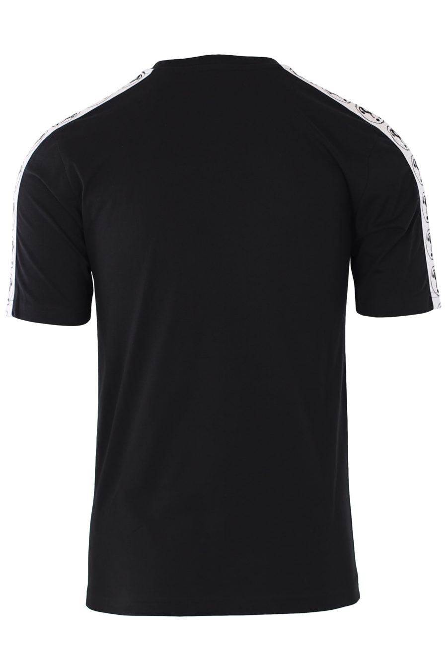 Black T-shirt with small double question logo and tape on sleeves - IMG 9335