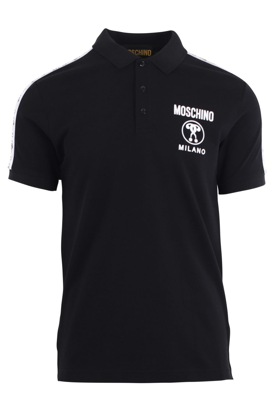 Schwarzes Poloshirt mit Doppelfrage-Logo und Ärmelband - IMG 9684