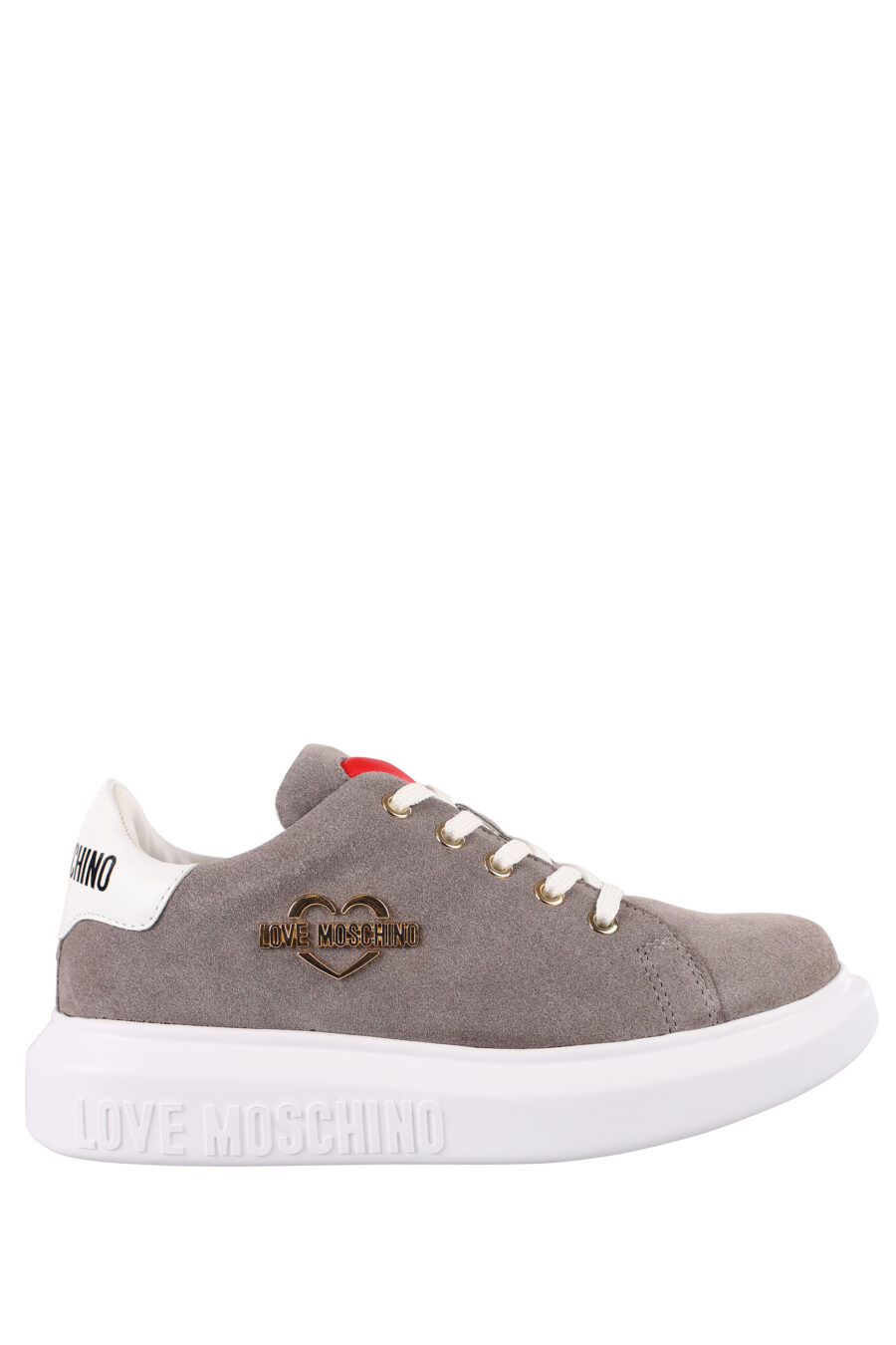 Grey trainers with gold metal logo and white sole - IMG 1180