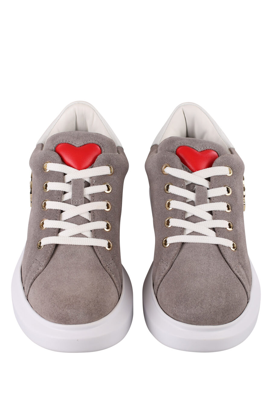 Grey trainers with gold metal logo and white sole - IMG 1226