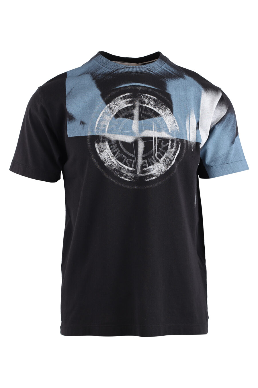 Camiseta negra con logo distorsionado blanco y azul - IMG 1407