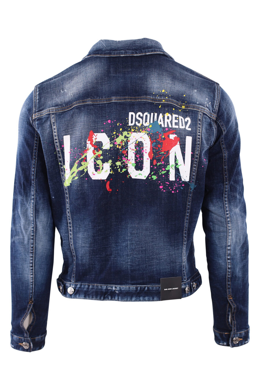 Worn blue denim jacket with "Icon splash" - IMG 2894