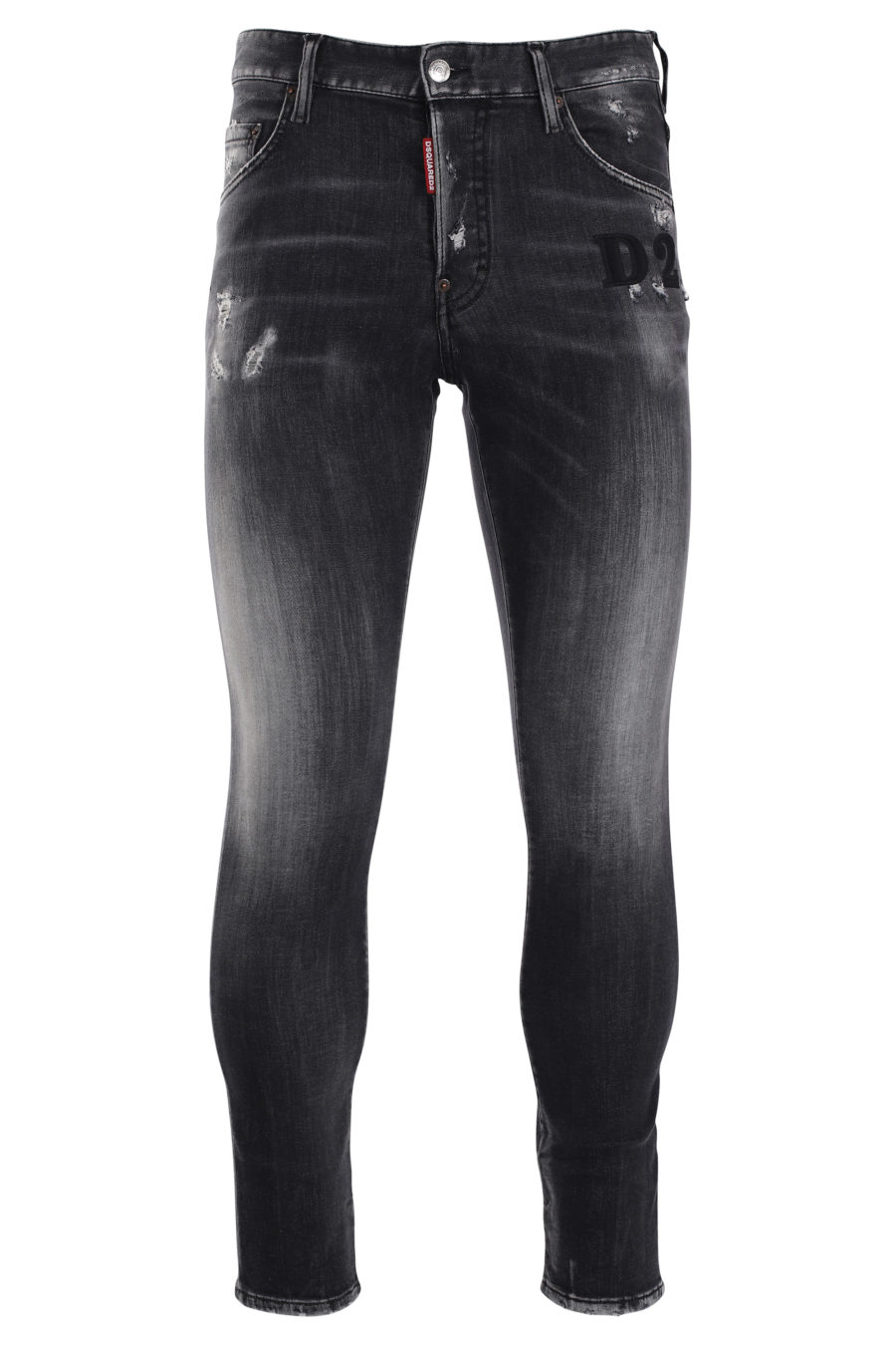Denim skater trousers with black worn-out jeans and black "D2" logo - IMG 9986
