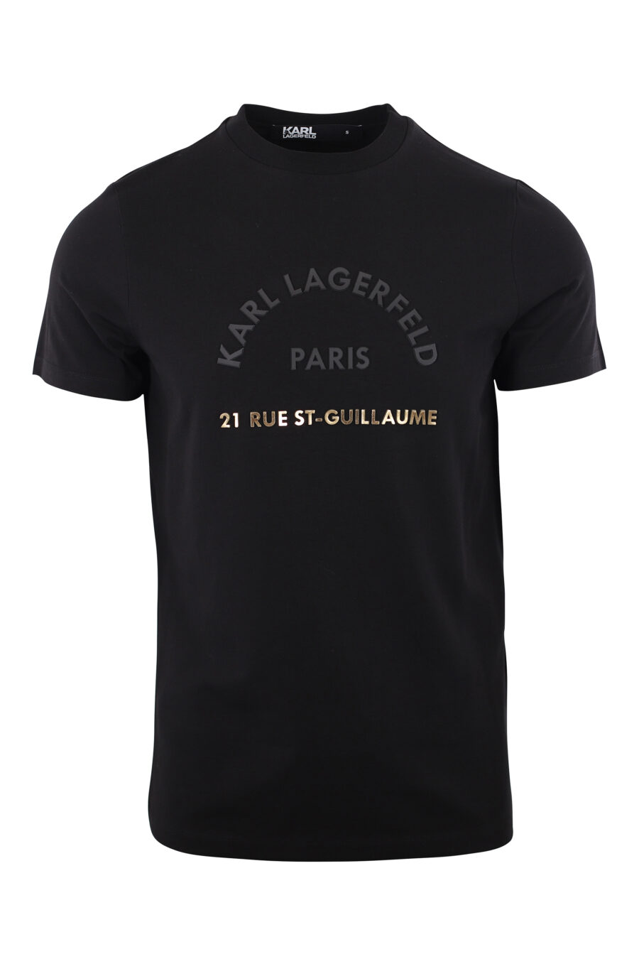 Schwarzes T-Shirt mit goldenem Gummilogo "rue st-guillaume" - IMG 2022