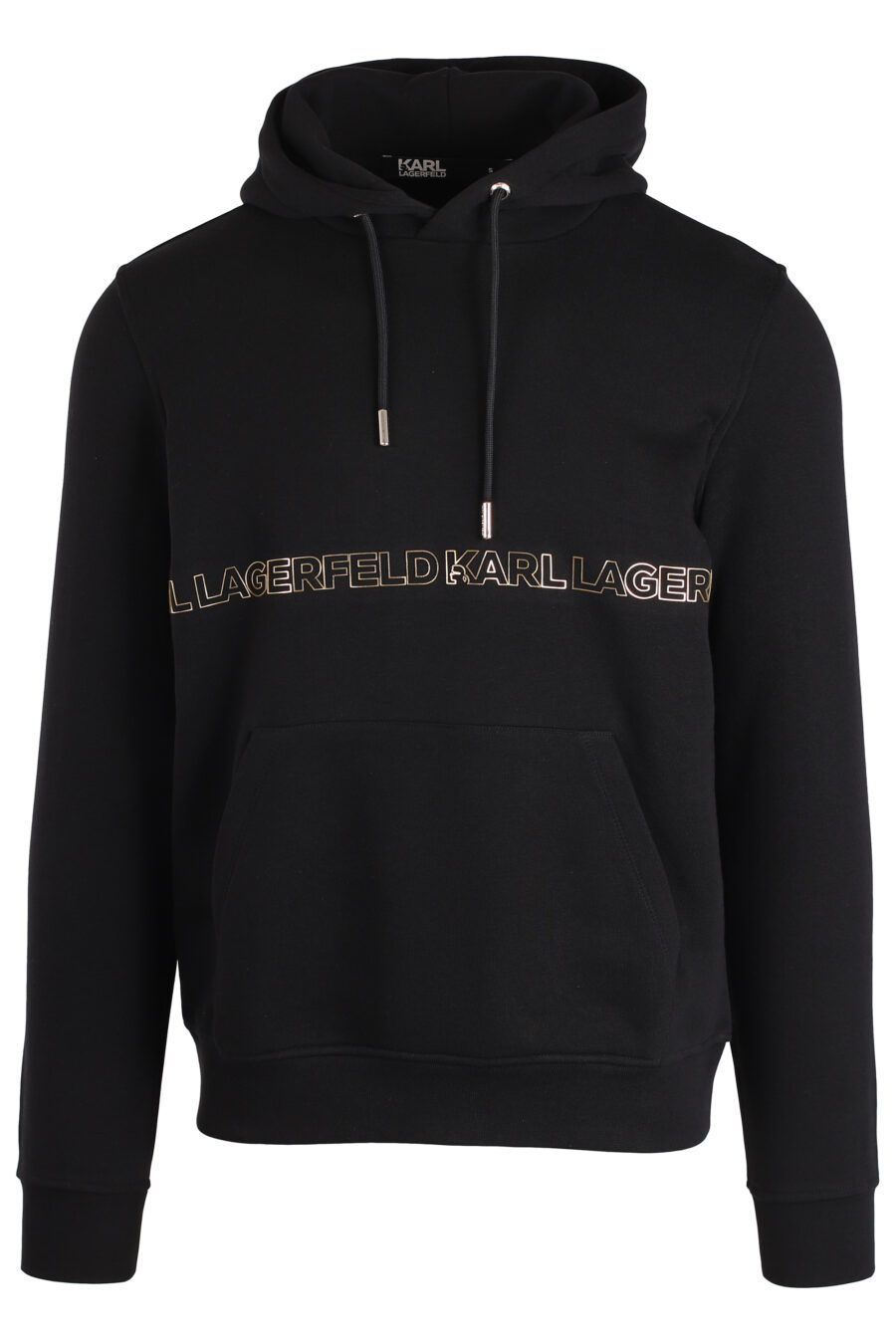 Black hooded sweatshirt with gold logo at waist - IMG 3973