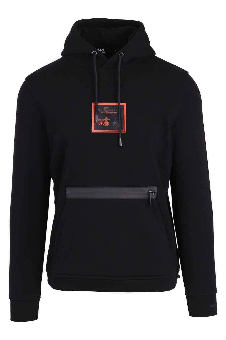 Schwarzes Sweatshirt mit Kapuze und Reißverschlusstasche mit orangefarbenem Karo-Logo - IMG 4730