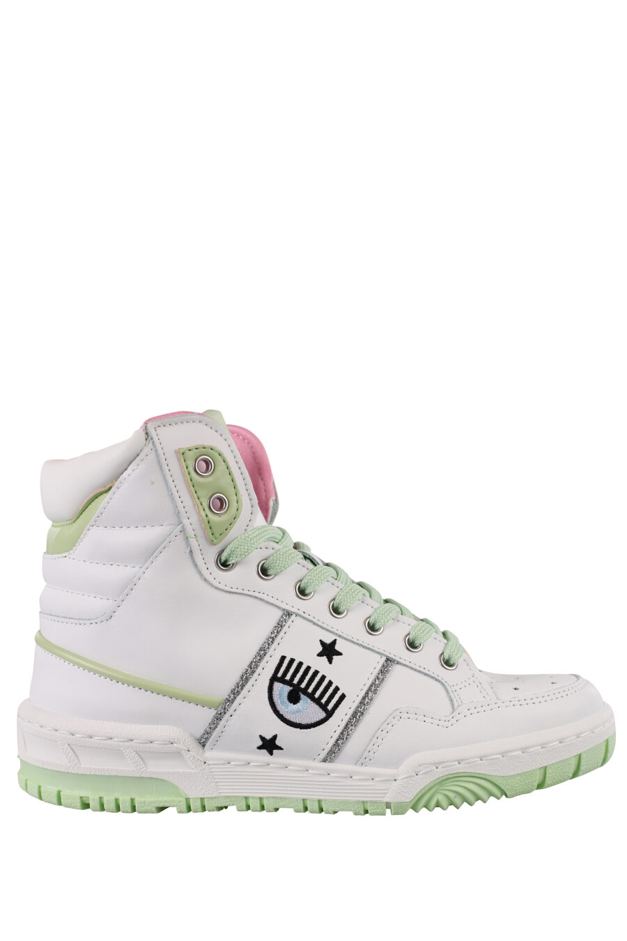 White and green trainers with eye logo and pink details - IMG 1168