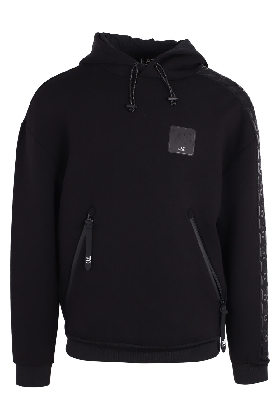 Black hooded sweatshirt with shiny monochrome logo on sleeves - IMG 4749
