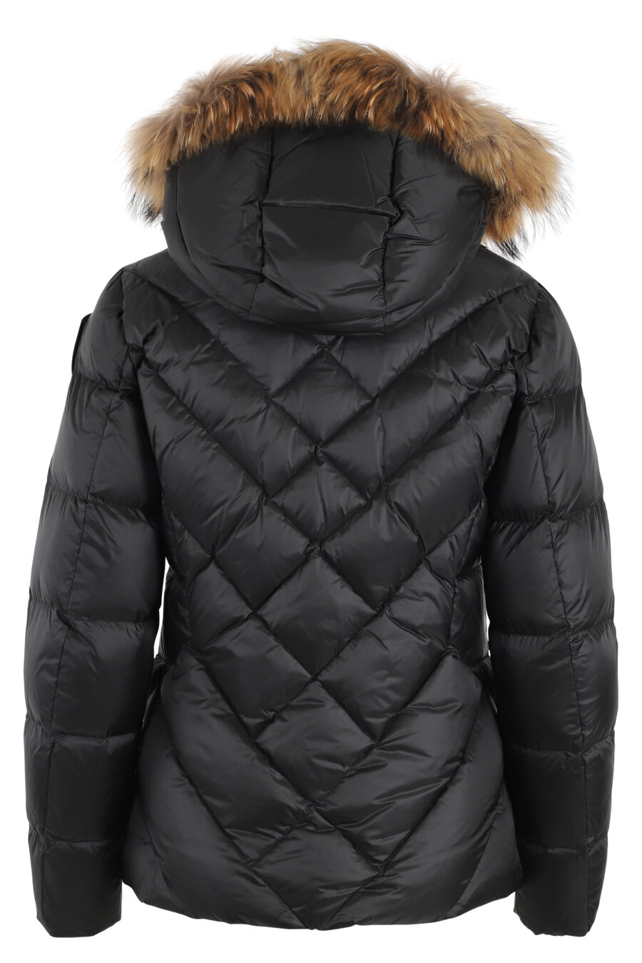 Black fur hooded jacket with brown lining and diagonal lines - IMG 4950