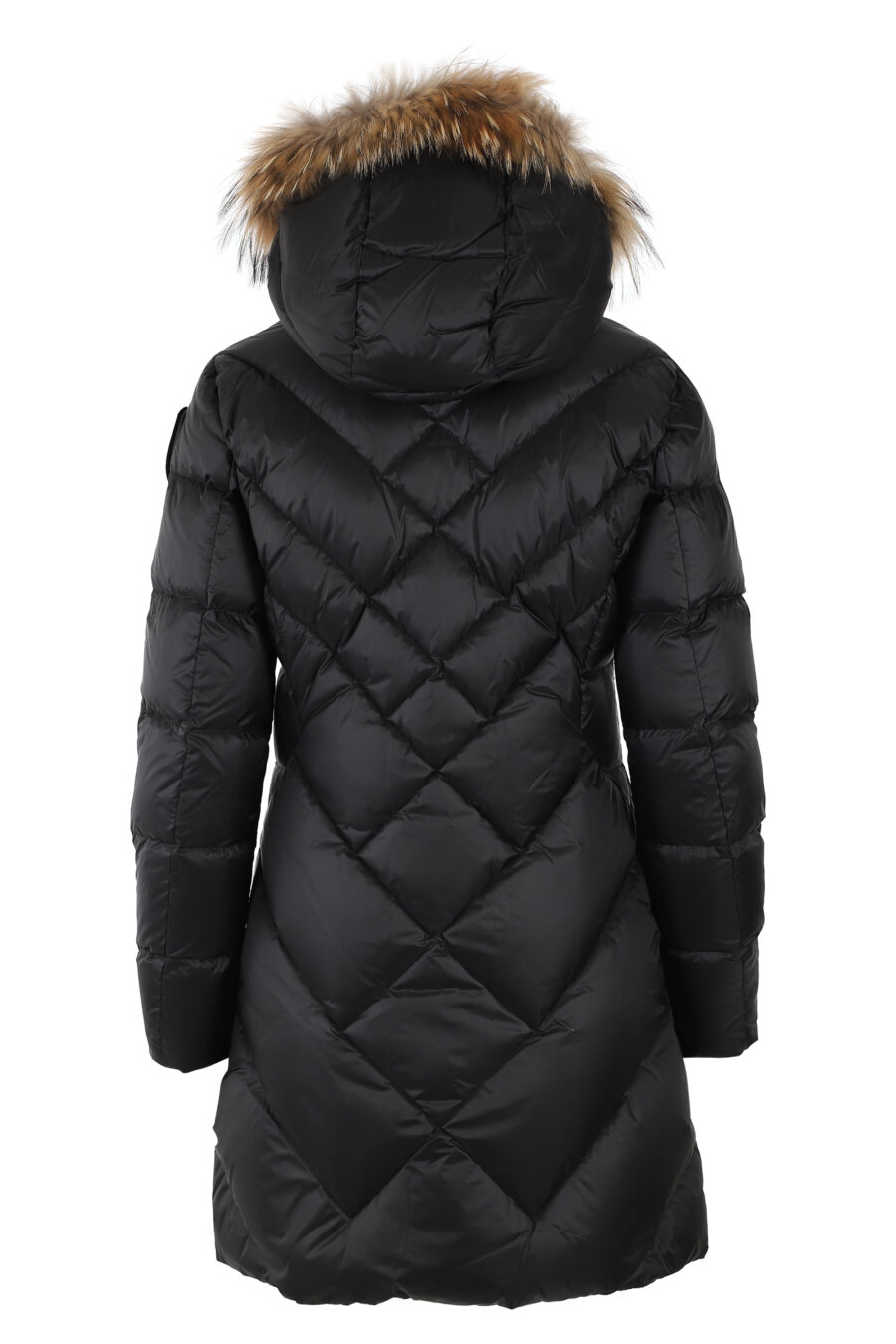 Lange schwarze Jacke mit Fellkapuze und braunem Futter - IMG 4991