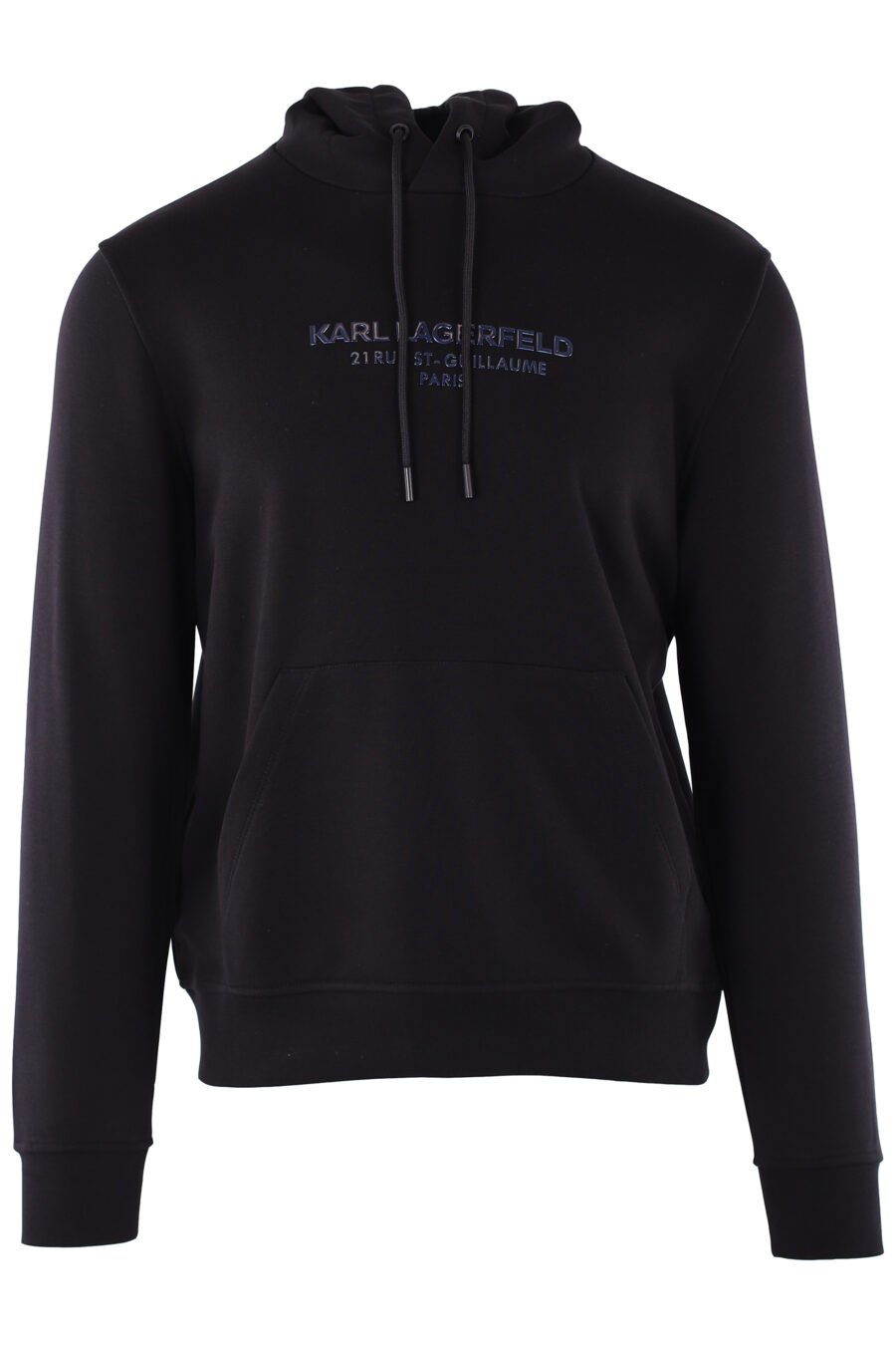 Schwarzes Sweatshirt mit Kapuze und blauem Metallic-Logo "rue st guillaume paris" - IMG 6406