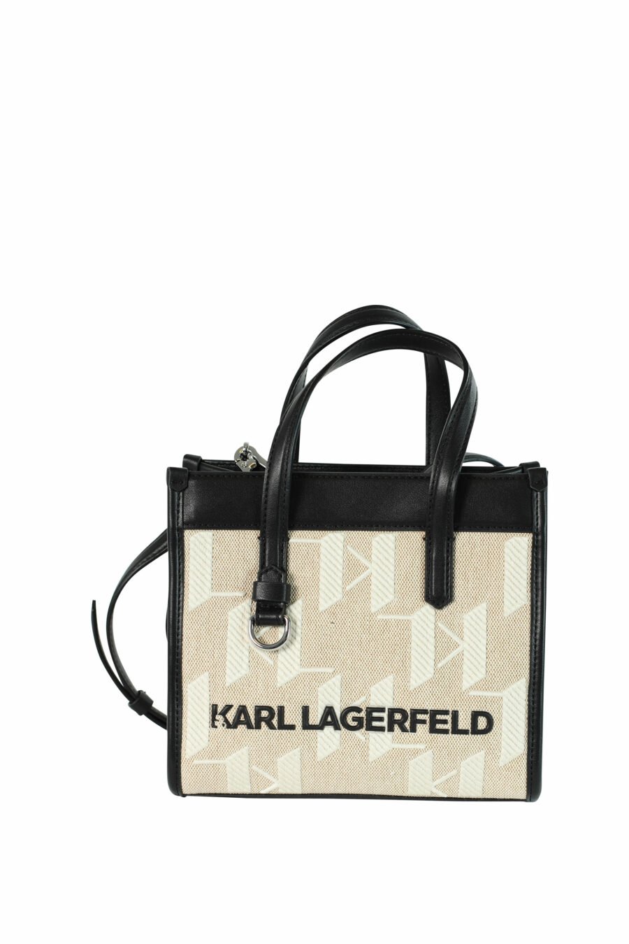 Beigefarbene Mini-Tasche mit weißem Monogramm und schwarzen Details - 8720092900058