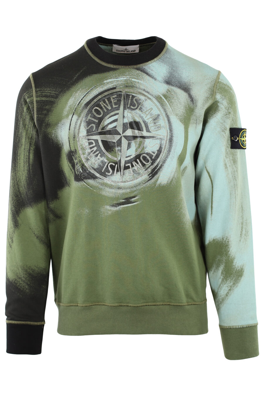 Militärgrünes Sweatshirt mit blauem und schwarzem verzerrtem Aufdruck - IMG 7451