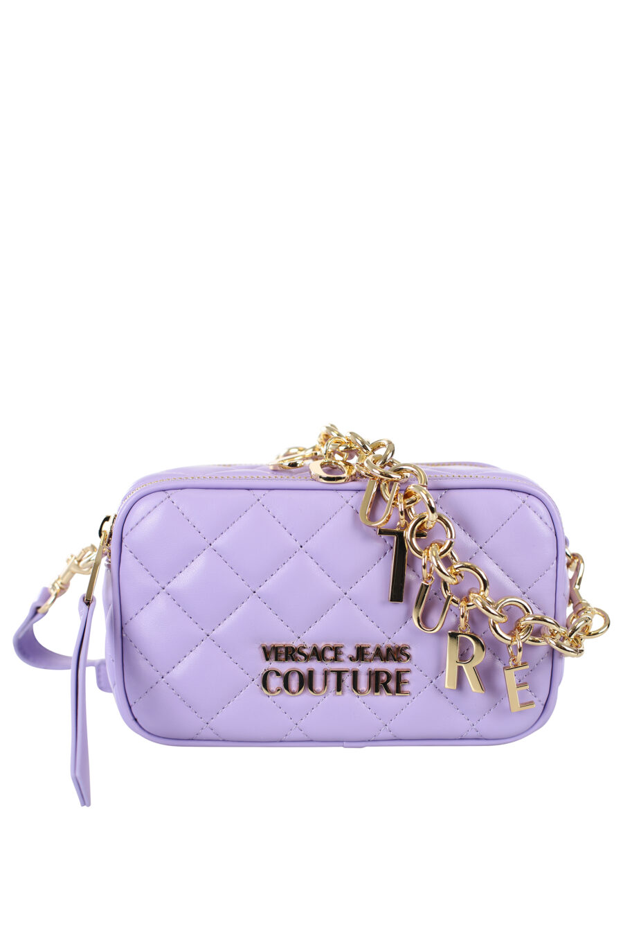 Bolso mini violeta acolchado con charms en cadena - IMG 7226