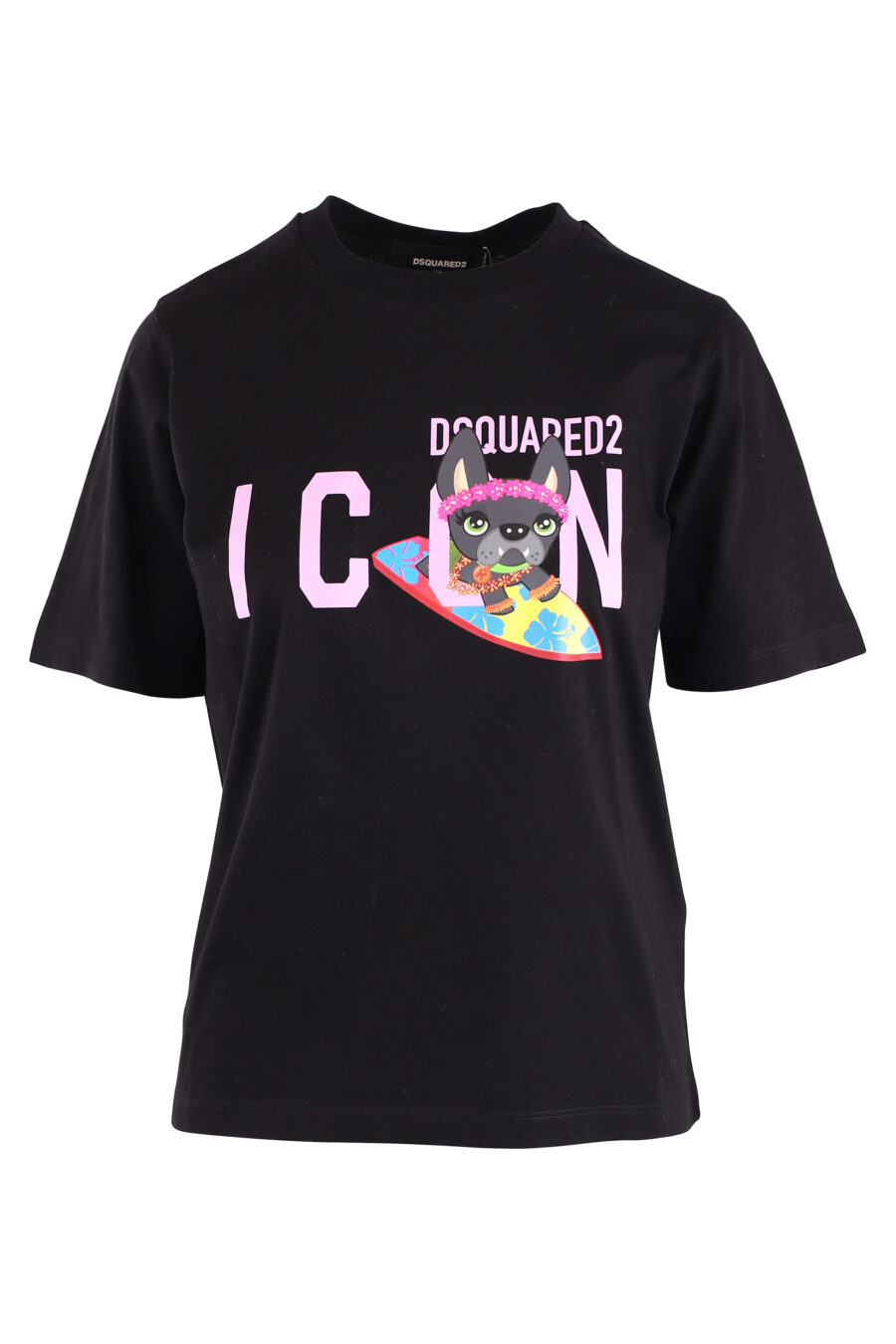 Camiseta negra con logo "icon" y perro surfer - IMG 9128