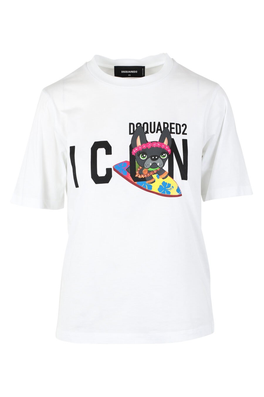 T-shirt branca com o logótipo "icon" e um cão surfista - IMG 9787