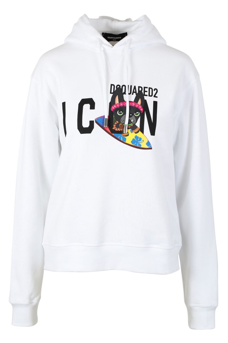 White hooded sweatshirt with "icon" logo and surfer dog - IMG 9791
