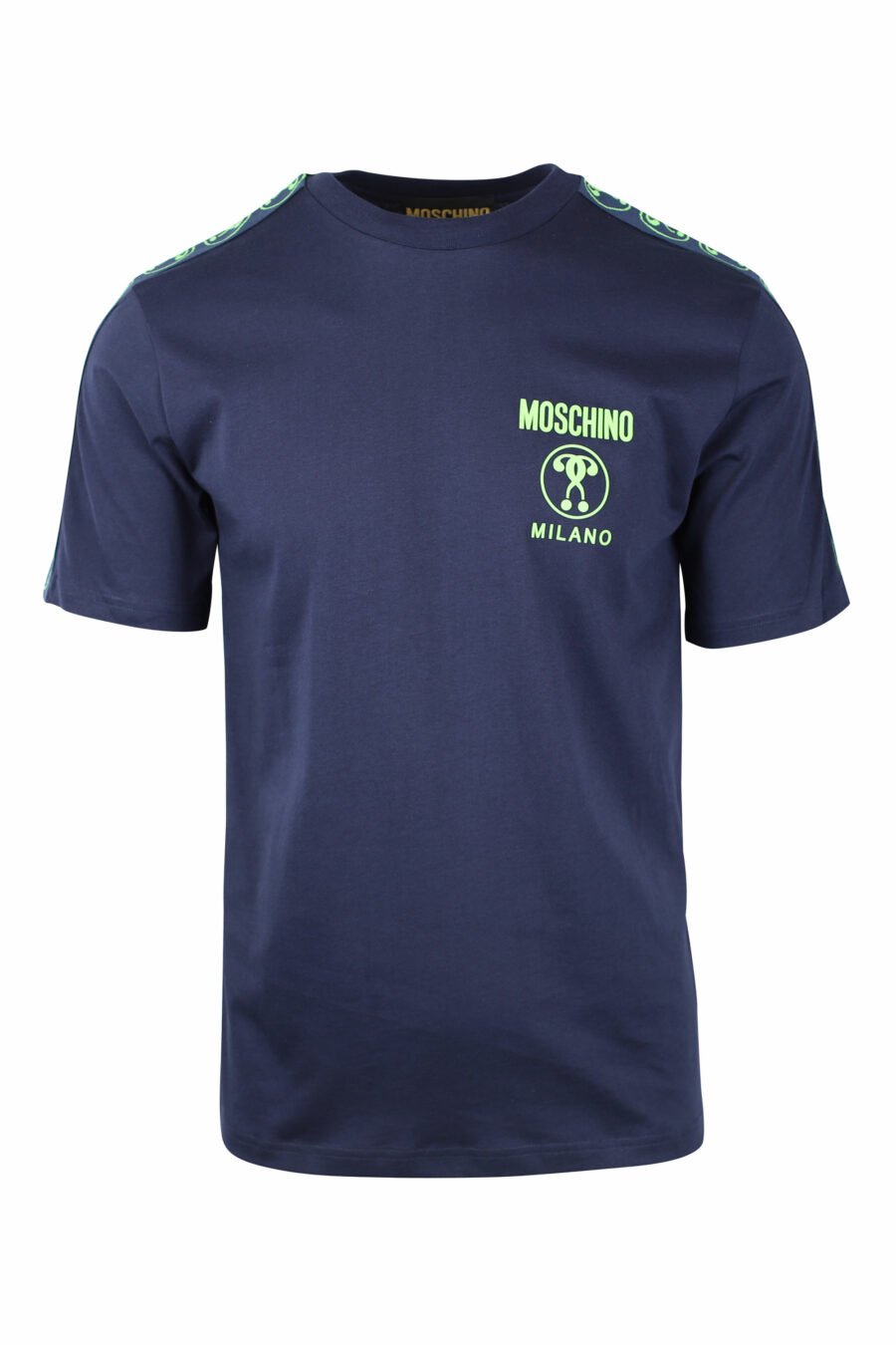 T-shirt bleu foncé avec double question mini-logo en vert - IMG 1439