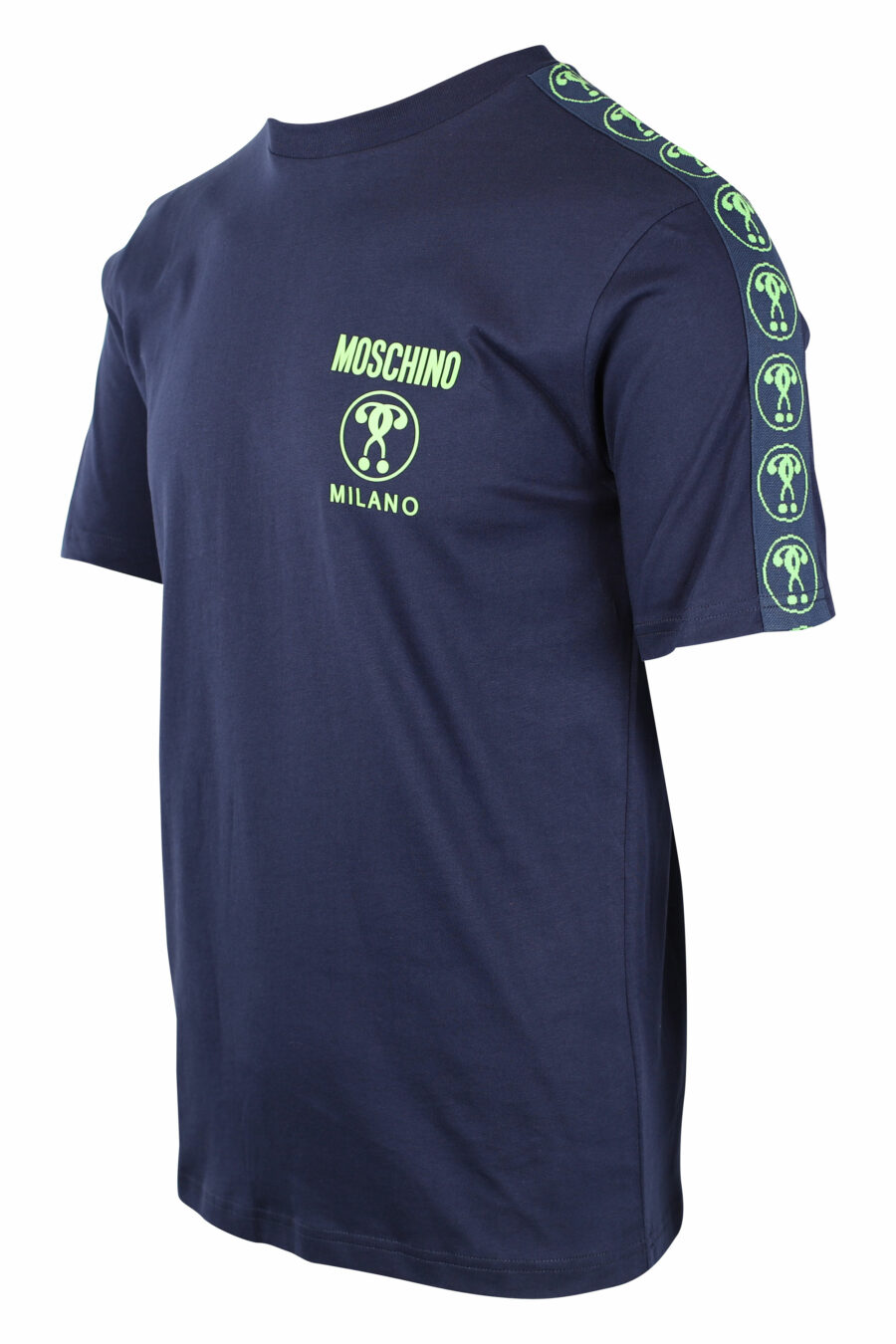 T-shirt bleu foncé avec double question mini-logo en vert - IMG 1447