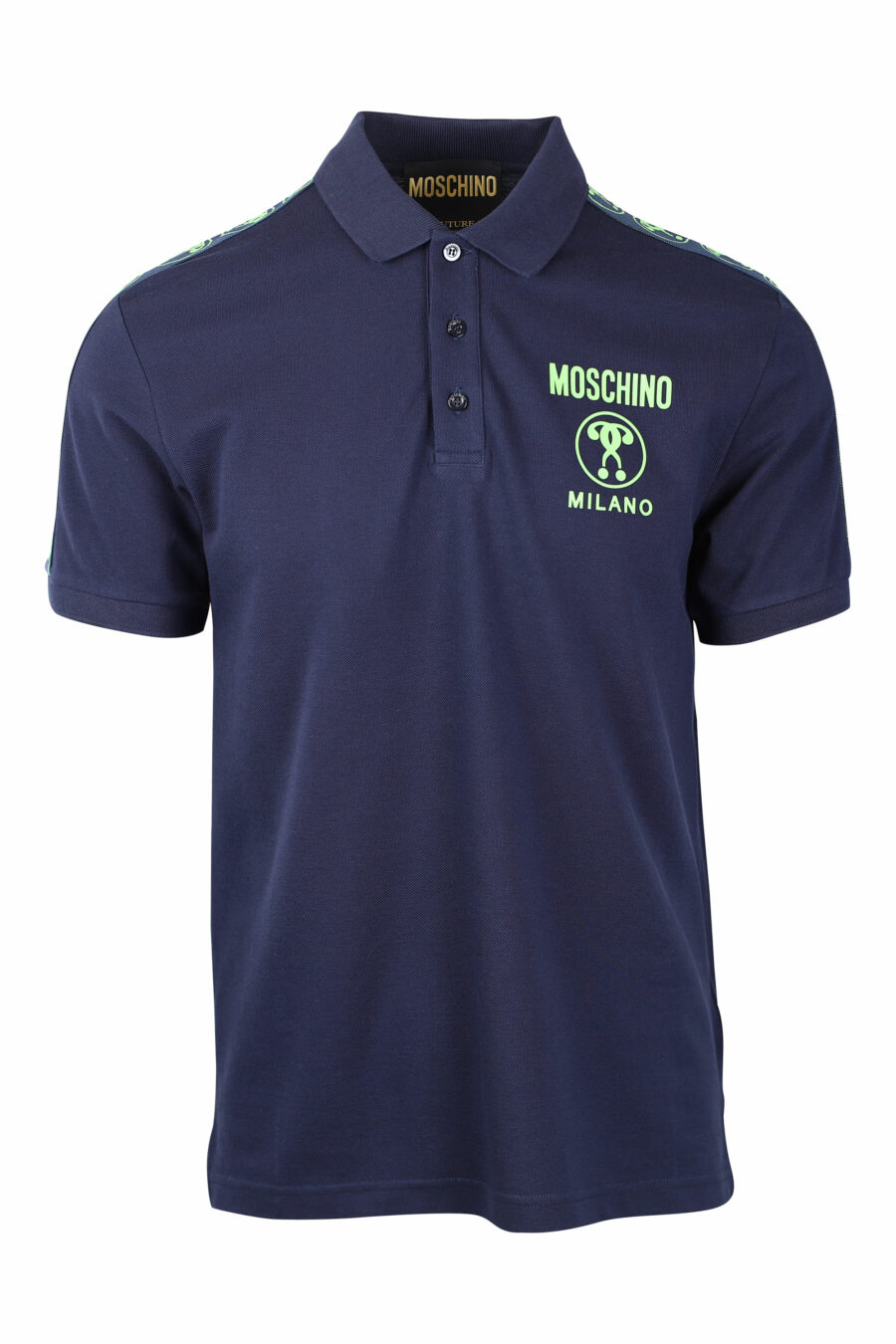 Dark blue polo shirt with double minilogue question and green shoulder logo - IMG 1451