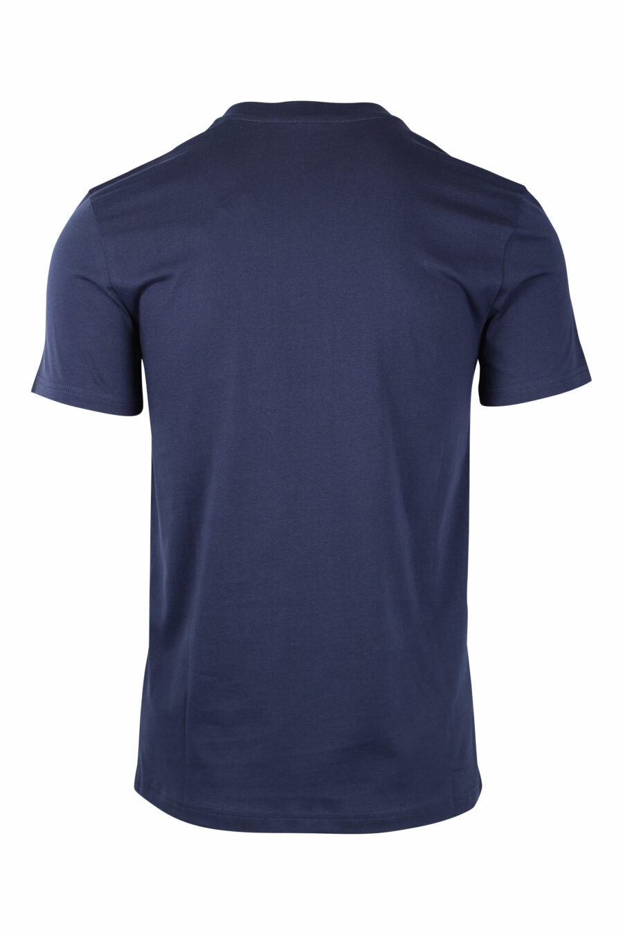 T-shirt azul escura com maxilogo monocromático de dupla pergunta - IMG 1454
