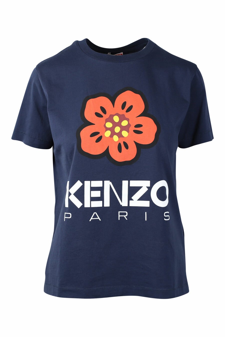 T-shirt azul com maxilogo de flores cor de laranja - IMG 1497