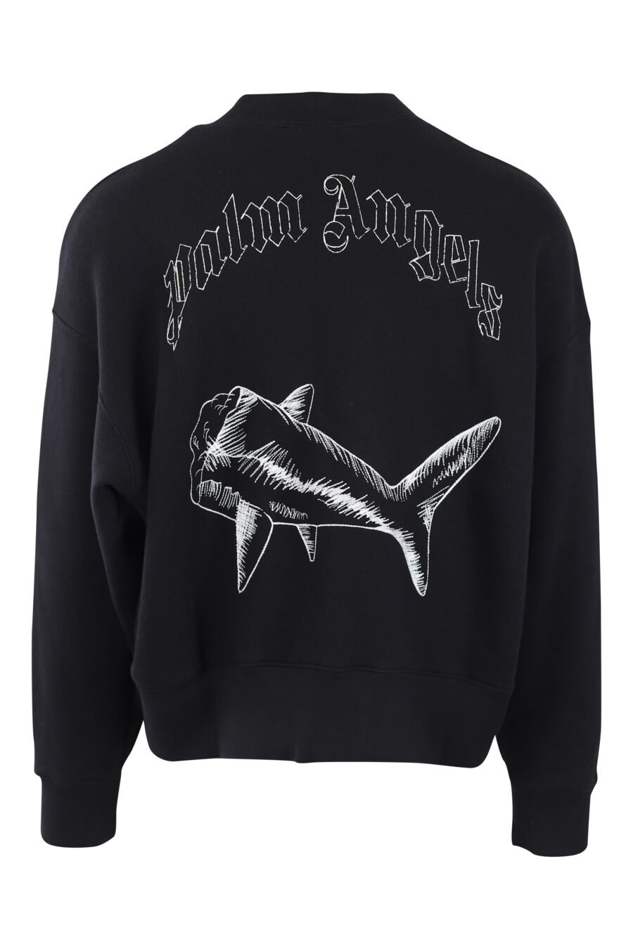 Schwarzes Sweatshirt mit weißem gesticktem Hai und Logo auf dem Rücken - IMG 2566