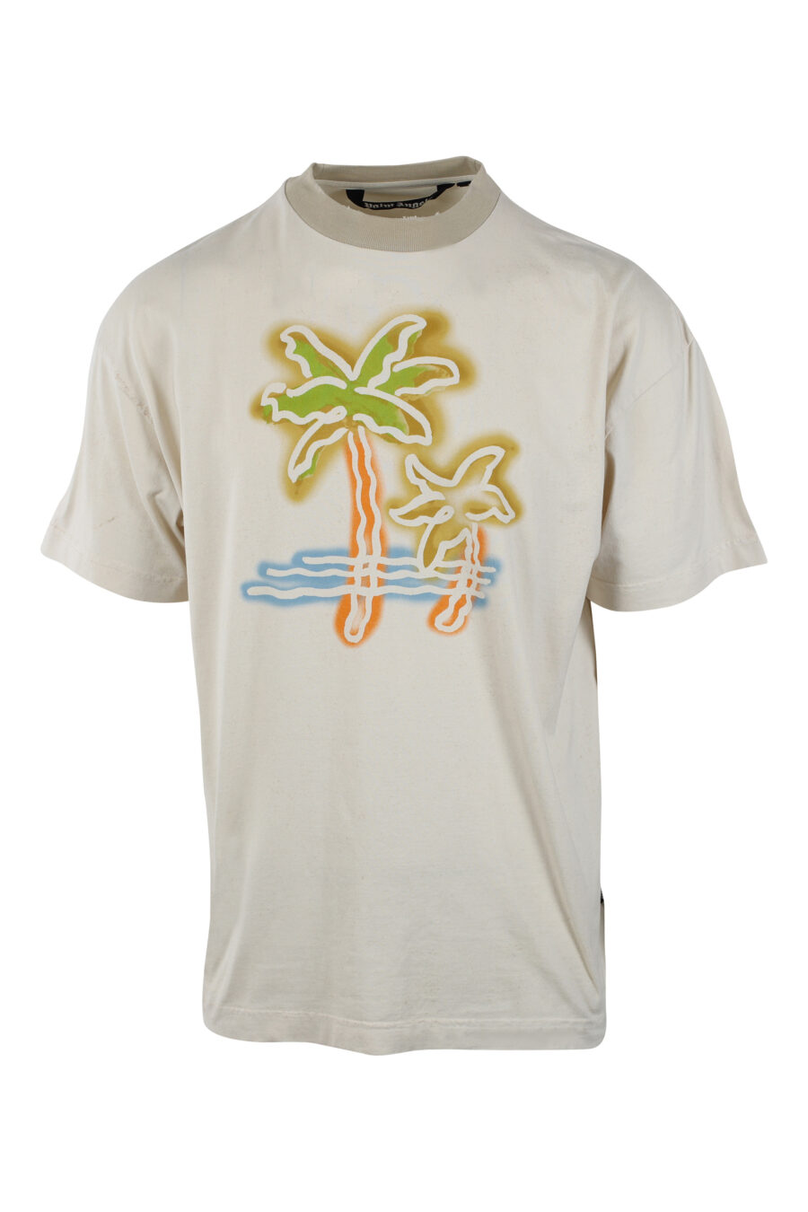 Beige T-shirt with multicoloured palm tree maxilogo and logo on the back - IMG 2593