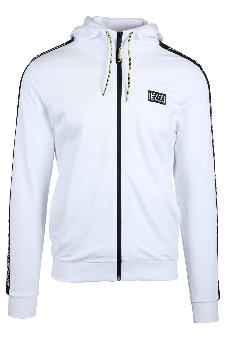 Weißes Kapuzensweatshirt mit Reißverschluss und Logo an den Seiten - IMG 4760