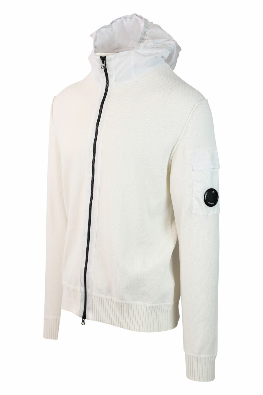White hooded sweatshirt with zipped hood and circular mini logo - IMG 0129