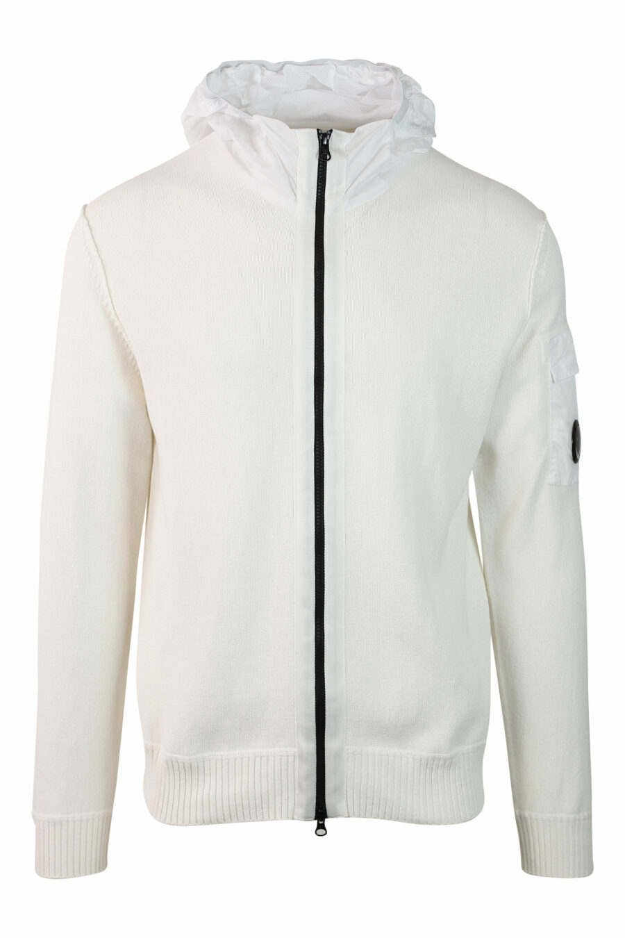 White hooded sweatshirt with zipped hood and circular mini logo - IMG 0130