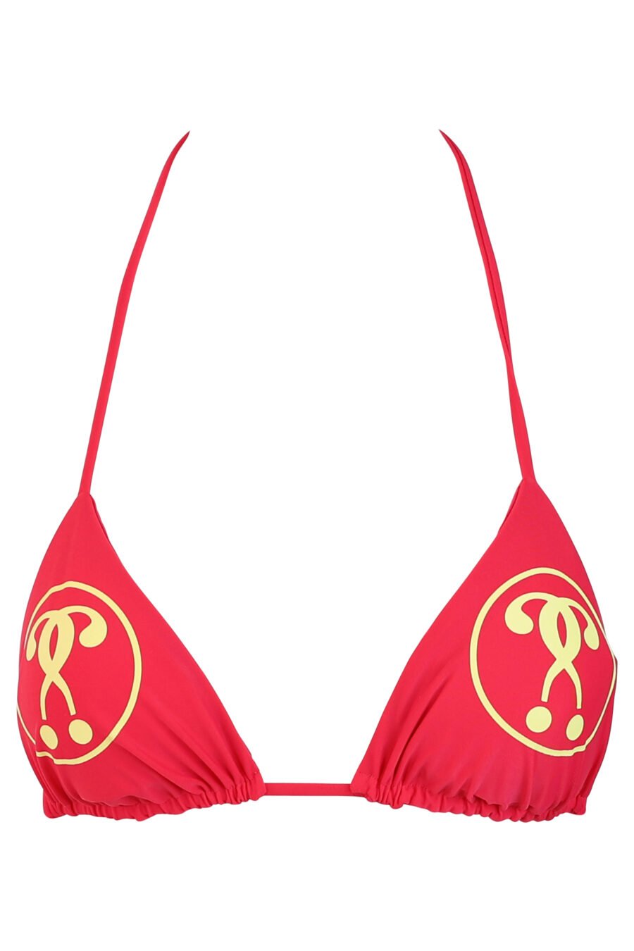Fuchsiafarbenes Bikinioberteil mit gelbem Doppelfrage-Logo - IMG 0678