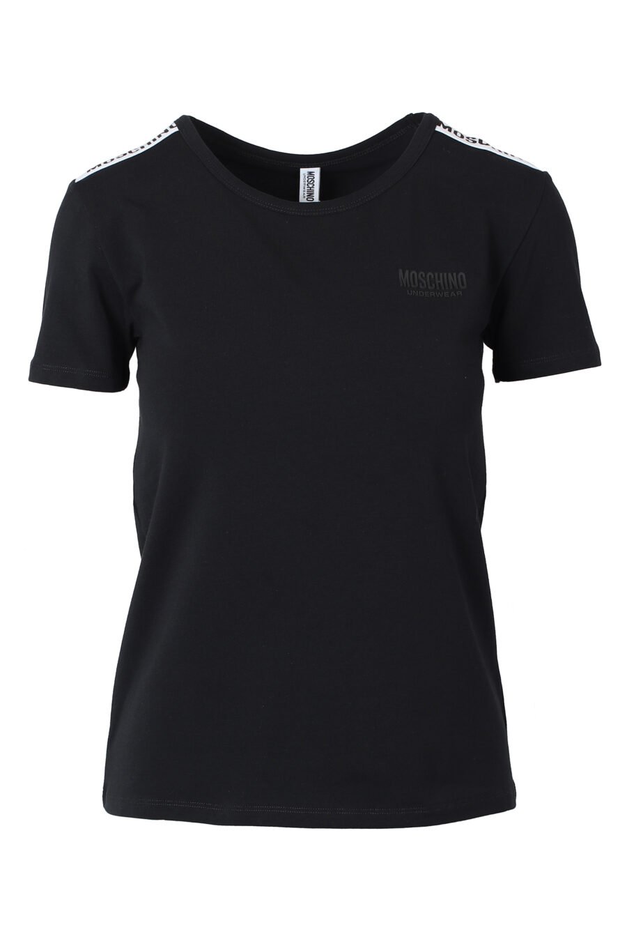 Camiseta negra slim fit con logo en cinta en hombros - IMG 9823