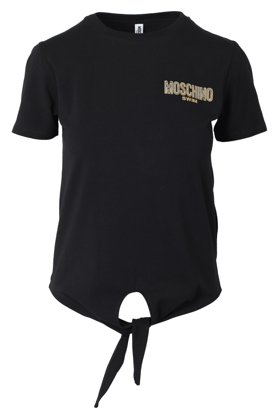 Schwarzes T-Shirt mit goldenem Mini-Logo mit Strasssteinen und Frontknoten - IMG 9833