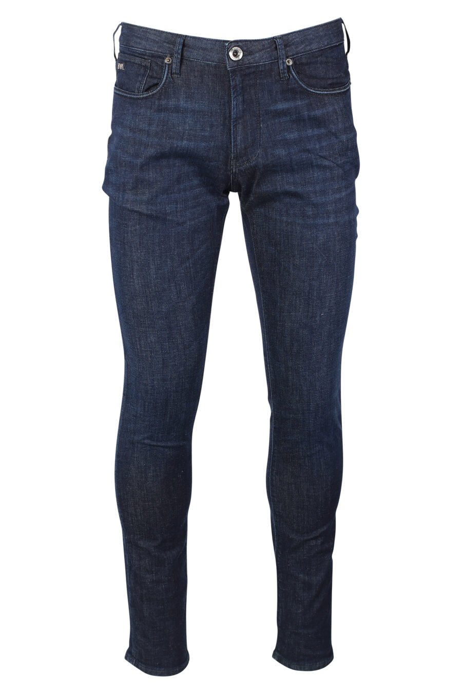 Halbgetragene dunkelblaue Jeans mit Metall-Mini-Logo - IMG 9926