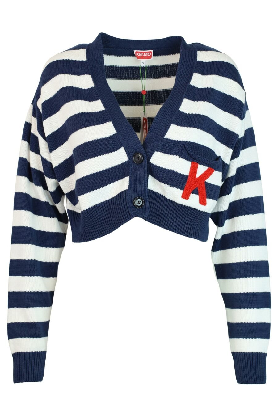 Blue striped short open jumper with red logo - 3612230443891