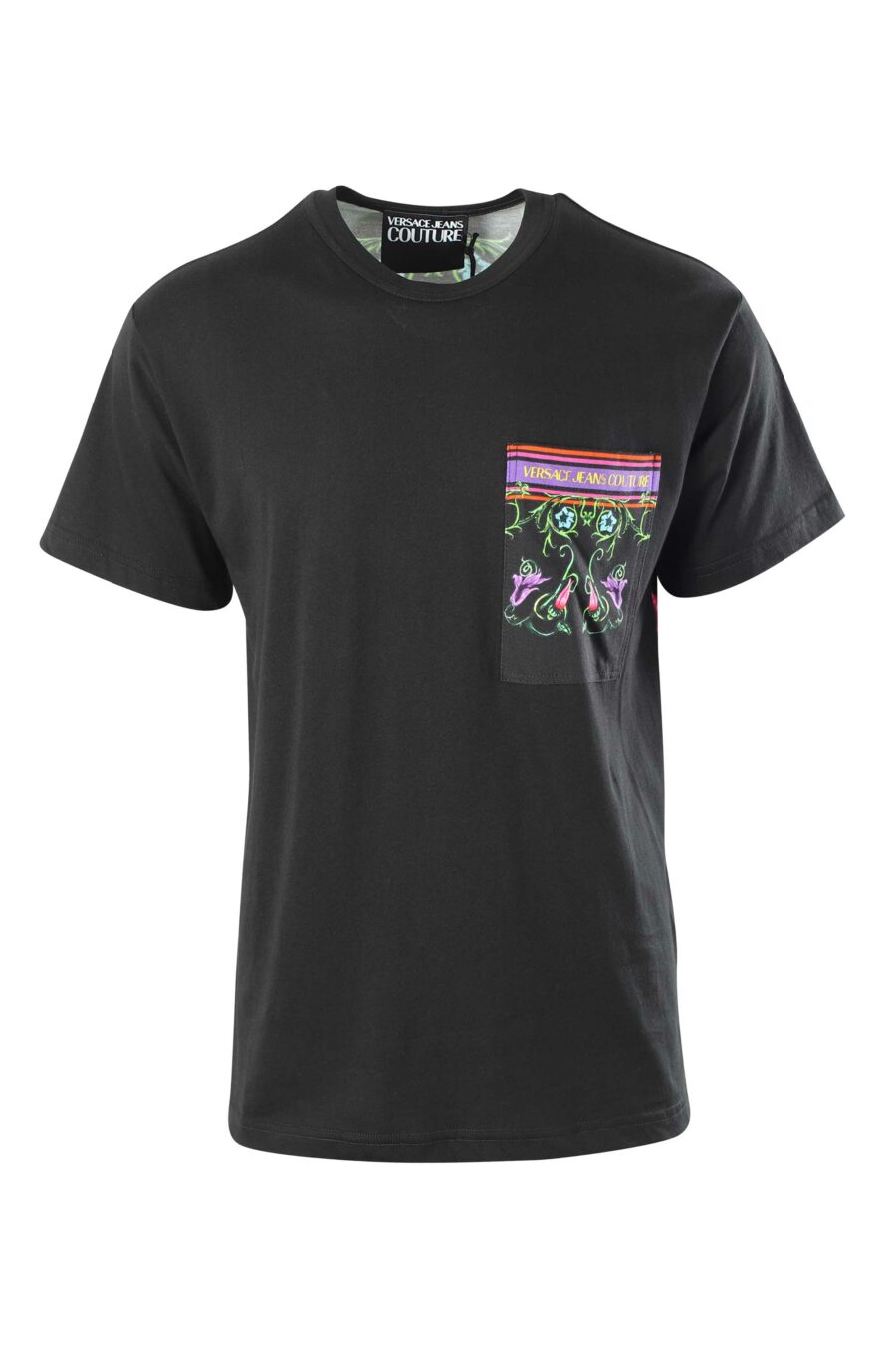 Black T-shirt with multicoloured flower pocket - 8052019417210