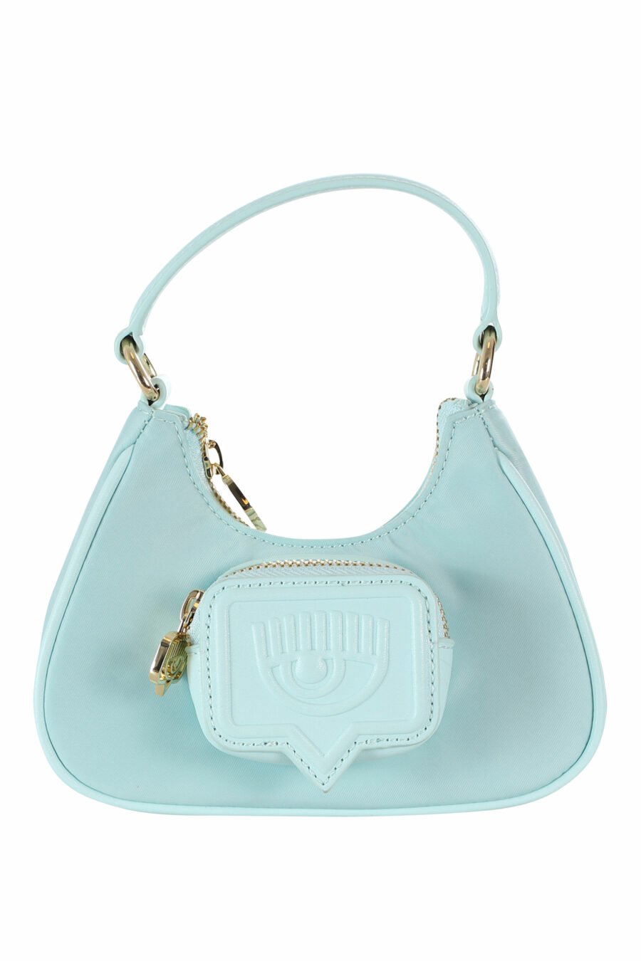 Mini light blue hobo style shoulder bag with pocket and monochrome logo - 8052672352095