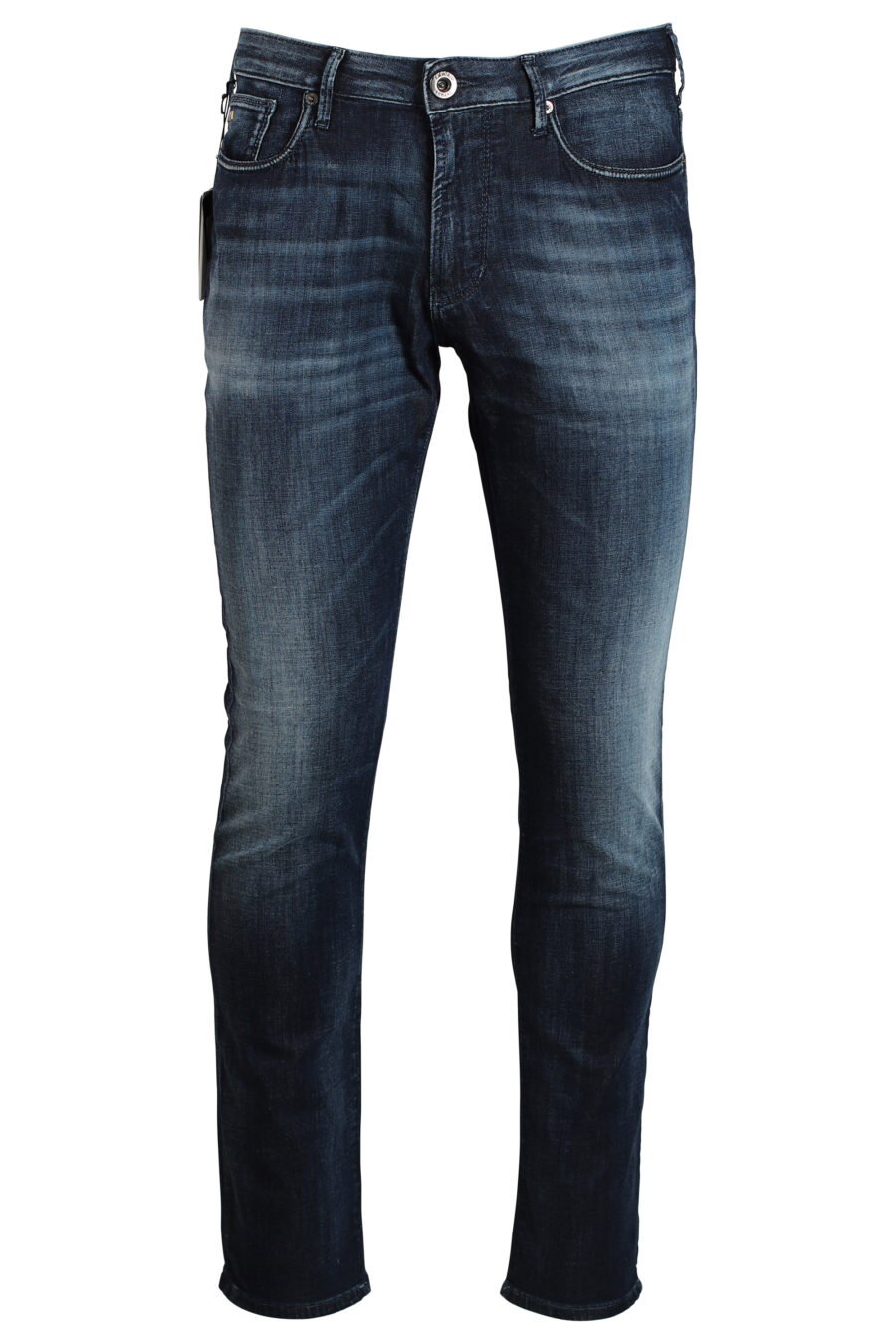 Pantalon en denim bleu semi-usé avec mini-logo en métal - 8056787569959