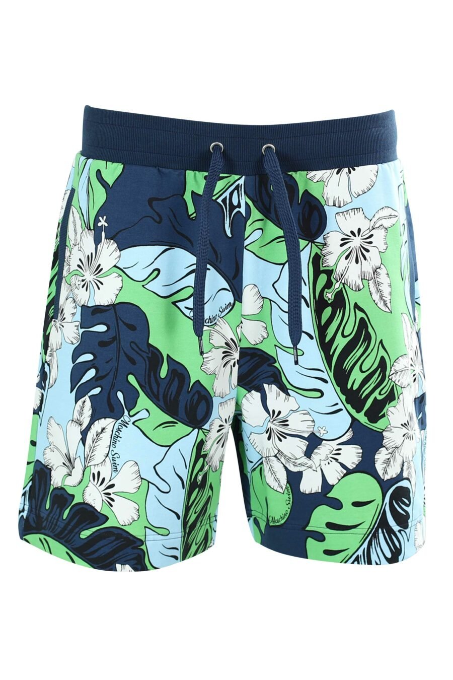 Blaue Midi-Shorts mit mehrfarbigem Dschungelblatt-Print - 889316293173