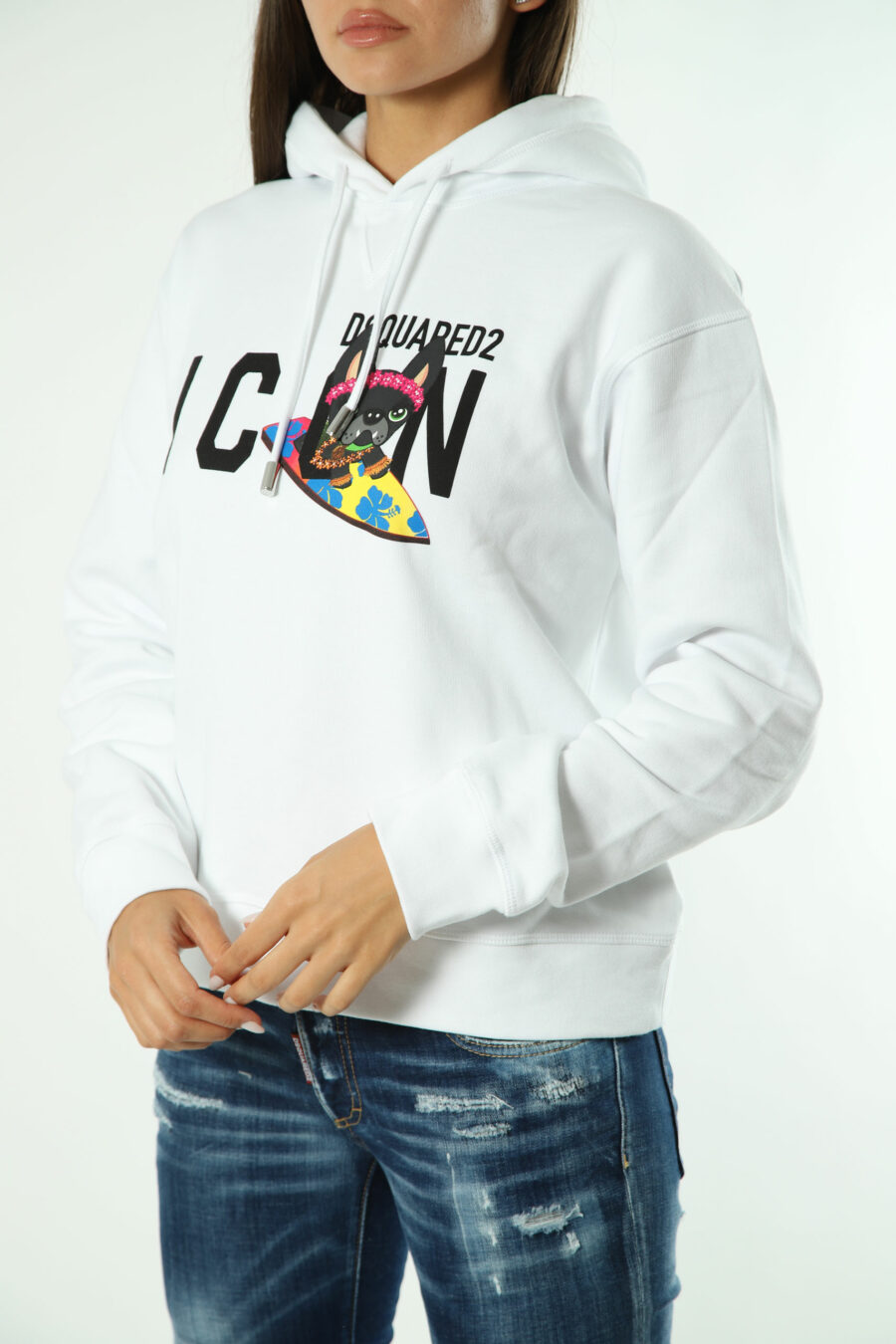 White hooded sweatshirt with "icon" logo and surfer dog - Photos 1607