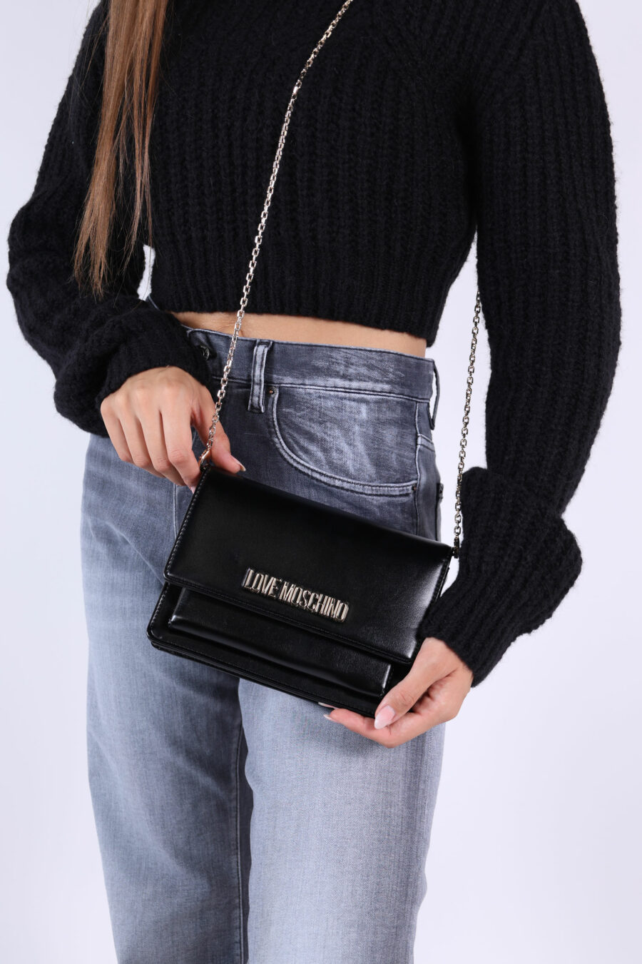 Black shoulder bag with gold lettering mini logo and chain - 361223054662201978