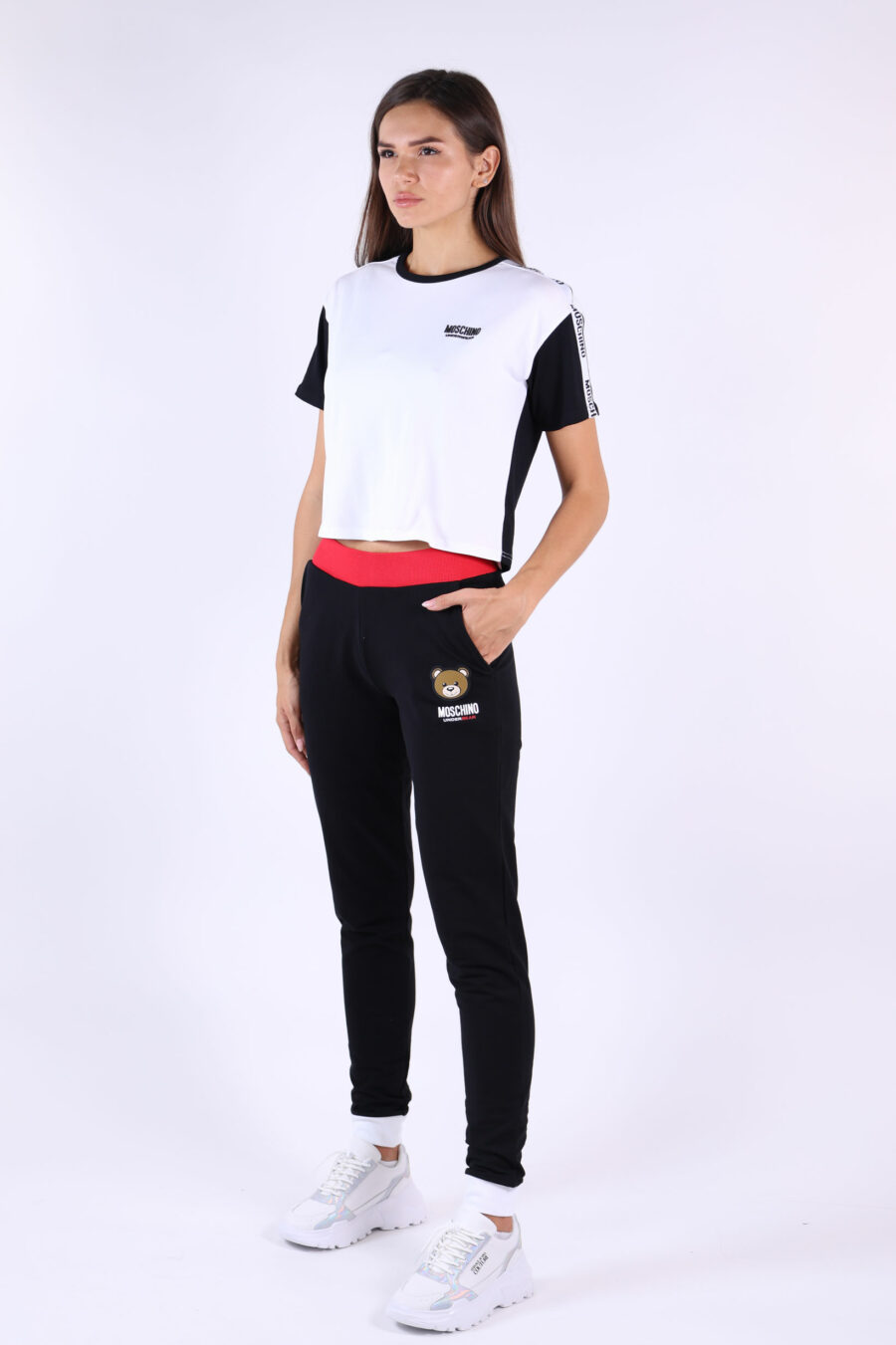 White T-shirt with black sleeves and back and ribbon logo - 361223054662202217